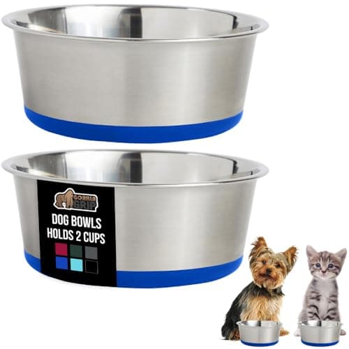 GORILLA GRIP Set of 2 Dog Bowls, Heavy Duty Metal Food and Water Bowl for Feeding Dogs and Cats, Dishwasher Safe, Rust Resistant Stainless Steel, BPA Free Rubber Base, Holds 2 Cups (16 fl oz), Blue