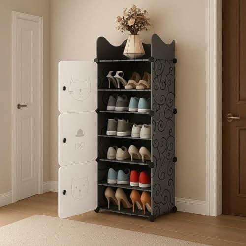 RYUGA Shoe Rack for Home Plastic, 6 Door Portable Shoes Rack with Dustproof Door for Heels/Slippers/Boots, DIY Multi-Purpose Rack Cabinet Mat Runner Comfort Standing (Black, 5-DOOR-5-SHELF)