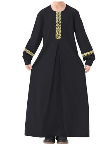WSPLYSPJY Long Sleeve Abaya for Girls Muslim Islamic Dresses Kids Printed Maxi Prayer Clothes Robe Black for 9-10 Years