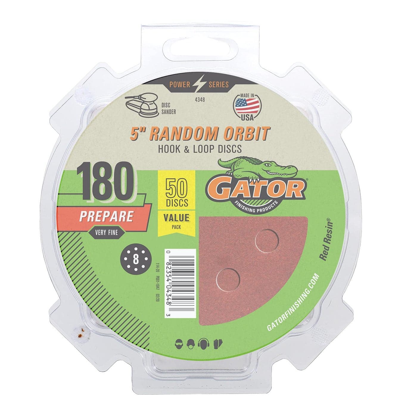 Gator 5" Random Orbit Hook & Loop Red Resin Aluminum Oxide Sanding Discs, 8-Hole, 180 Grit, 50 Pack