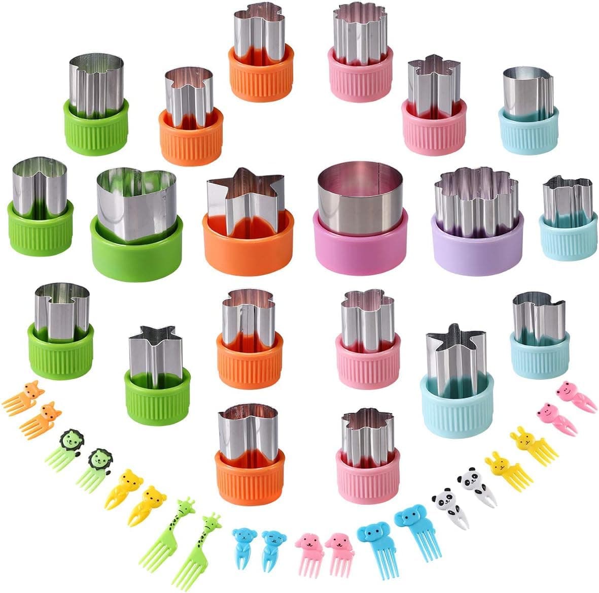 Vegetable Cutters Shapes Set 20pcs Stainless Steel Mini Cookie Cutters Vegetable Cutter and Fruit Stamps Mold 20pcs Cute Cartoon Animals Food Picks and Forks for Kids Baking and Food Supplement