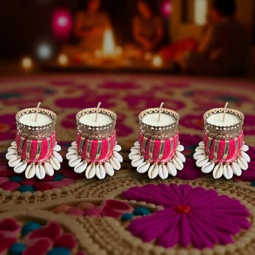 Designer Tealight Diya Set (Set of 4) | Decorative Candle Holders for Diwali, Pooja & Home Decor | Premium Pink & Shell Design Diya for Festive Decoration & Gifting Size - 4 * 2.5 Inch