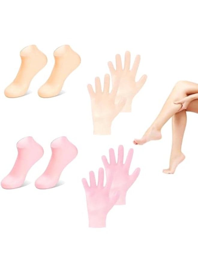 4 Pairs Silicone Moisturizing Glove Socks Set for Dry Cracked Feet and Hands Anti Slip Spa Socks Women Gel Pedicure Socks for Foot Hand Softening Foot Care After Pedicure