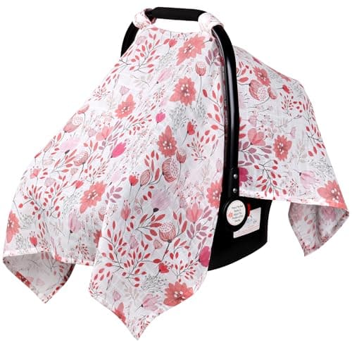 Rquite Infant Car Seat Cover for Babies Girls Muslin Cotton Carseat Canopy Breathable Stroller Sun Shade Baby Shower Gift Newborn Essentials Universal Fit Summer Hot Weather Pink Flowers