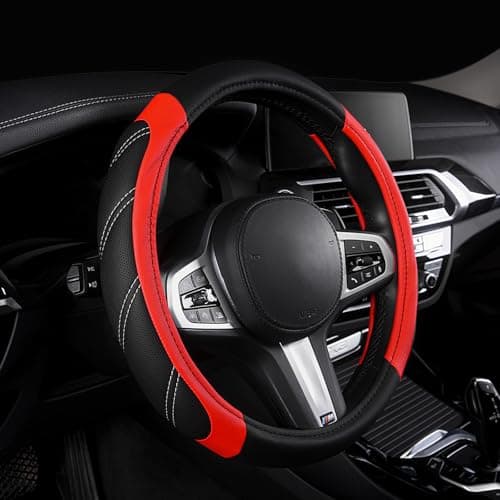 AUTOYOUTH Steering Wheel Cover, 14.5-15 Inch Universal Fit for Car/Truck/SUV/Van, Breathable Anti-Slip Microfiber Leather with 4-Stitch Design, Red & Black, Durable Long-Lasting