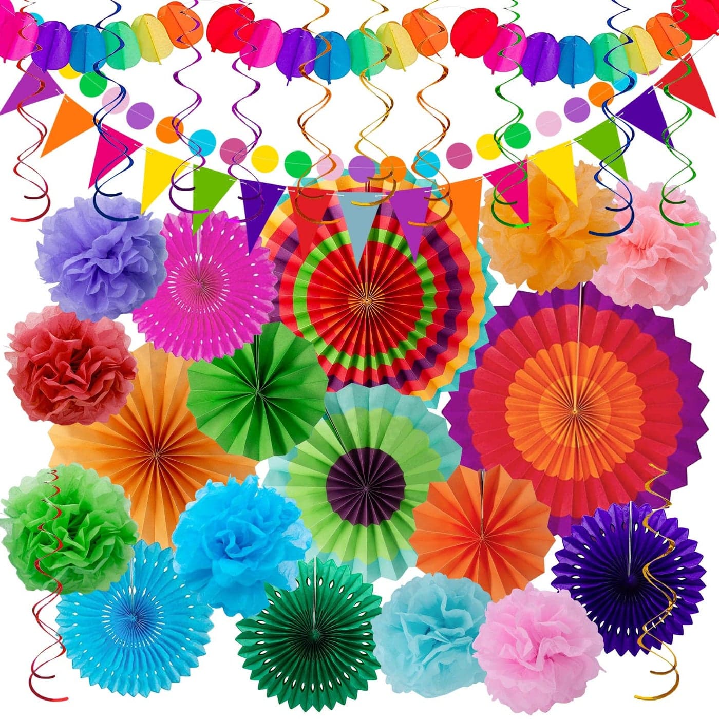 Huryfox Fiesta Party Decorations 33pcs Colorful Mexican Themed Hanging Paper Fans Rainbow Paper Pom Poms Fiesta Bunting and Tissue Paper Streamers for Birthday Festival and Rainbow Parties