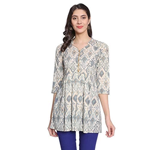 Rapsodia Women's Abstract Printed Cotton Short Kurta, Jaipuri Traditional Printed Tunic for Girls and Women (Large, Off-White)