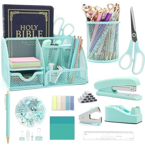 12 in 1 Green Desk Organizers Accessories Set Office Supplies Include Stapler Pen Holder Tape Holder Scissors Ruler Staple Remover for Home School