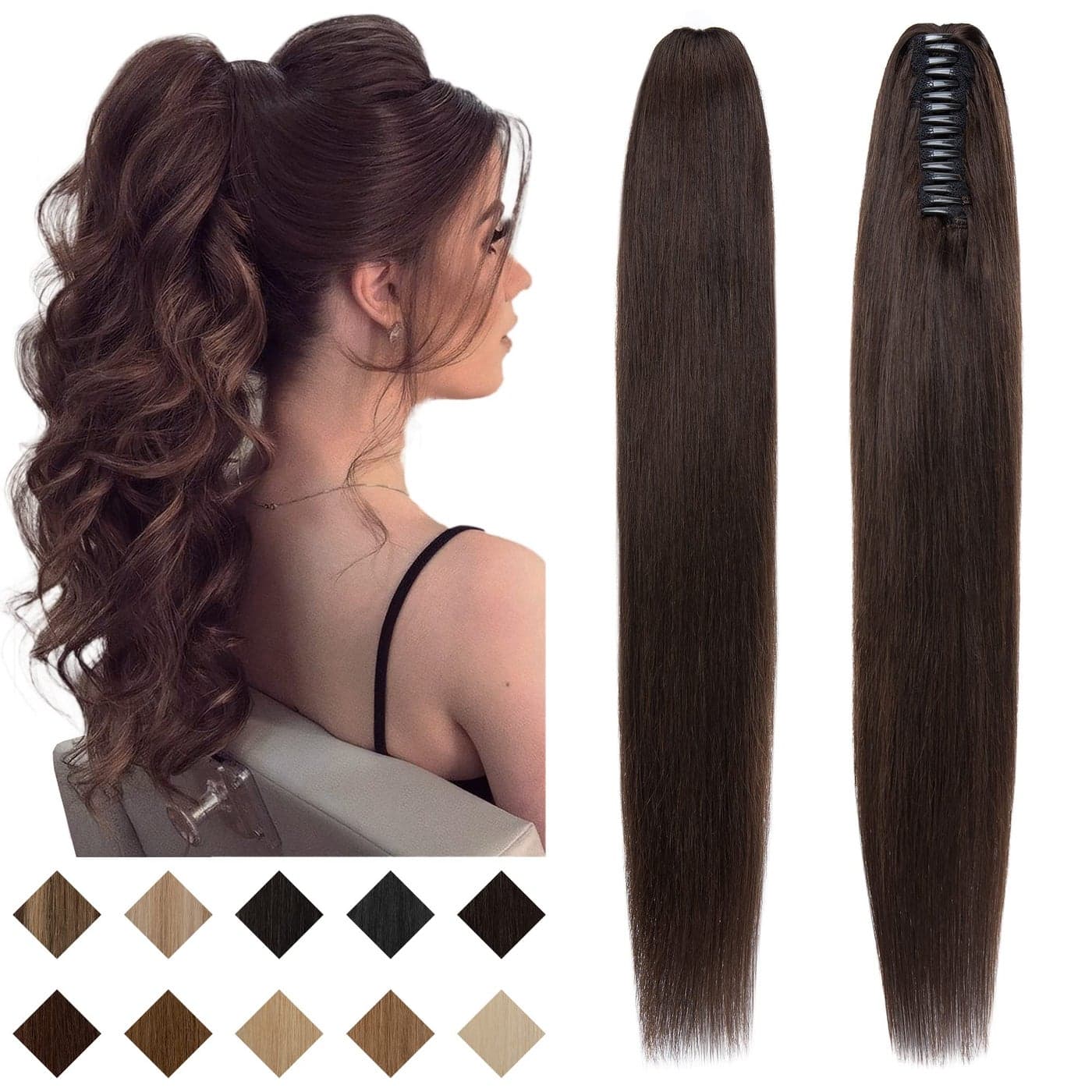 SEGO Claw Clip Ponytail Extension Human Hair Clip in Ponytail Hair Extensions Real Human Hair Pony Tails Hair Extensions Long Straight For Women 16 Inch Dark Brown 105 Gram