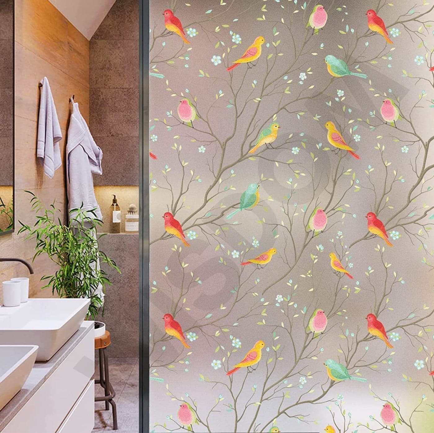 WISDOM Privacy Window Film Frosted Glass Film Glass Film No Glue Anti-UV Window Sticker Non Adhesive for Privacy Office Meeting Room Bathroom Living Room (Color Birds Frosted, 12 x 80)