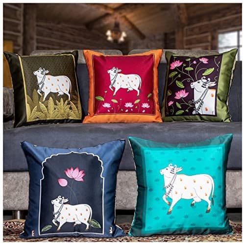 Vendola Decorative Satin Sofa Cushion Covers Set of 5, 24 Inch x 24 Inch, Sofa Pillow Cover, Ethnic Festive Cow Pichwai, Multicolor, Rajasthani Design Zipper Closure (Cattle, 24X24 Inches)