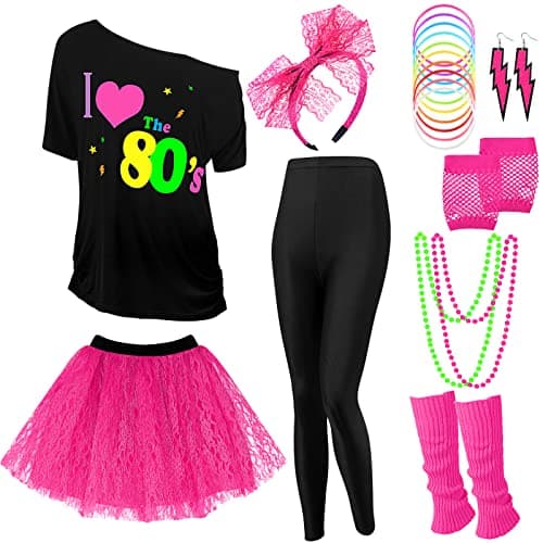 Vabean 19 Pcs 80s Costume Set T Shirt Leggings Tutu Skirt Headband Necklace Bracelets Earrings Gloves Leg Warmers for Women (Black Leggings,X-Large)