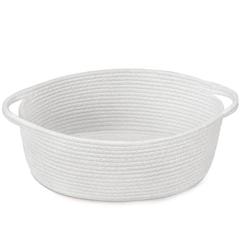 Goodpick White Baby Laundry Basket with Handles, Cute Cotton Rope Baskets for Toys, Small Basket for Organizing Gifts,Snacks,Woven Storage Baskets for Bathroom, 12"x 8" x 5"