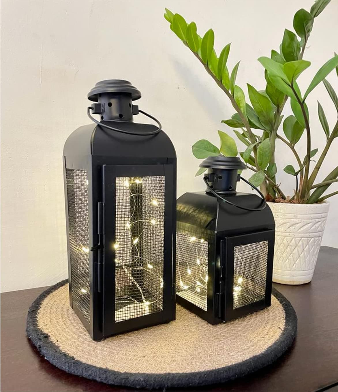 Quace Black Metal Lantern Candle Tealight Holder for Home Decor Items Set of 2