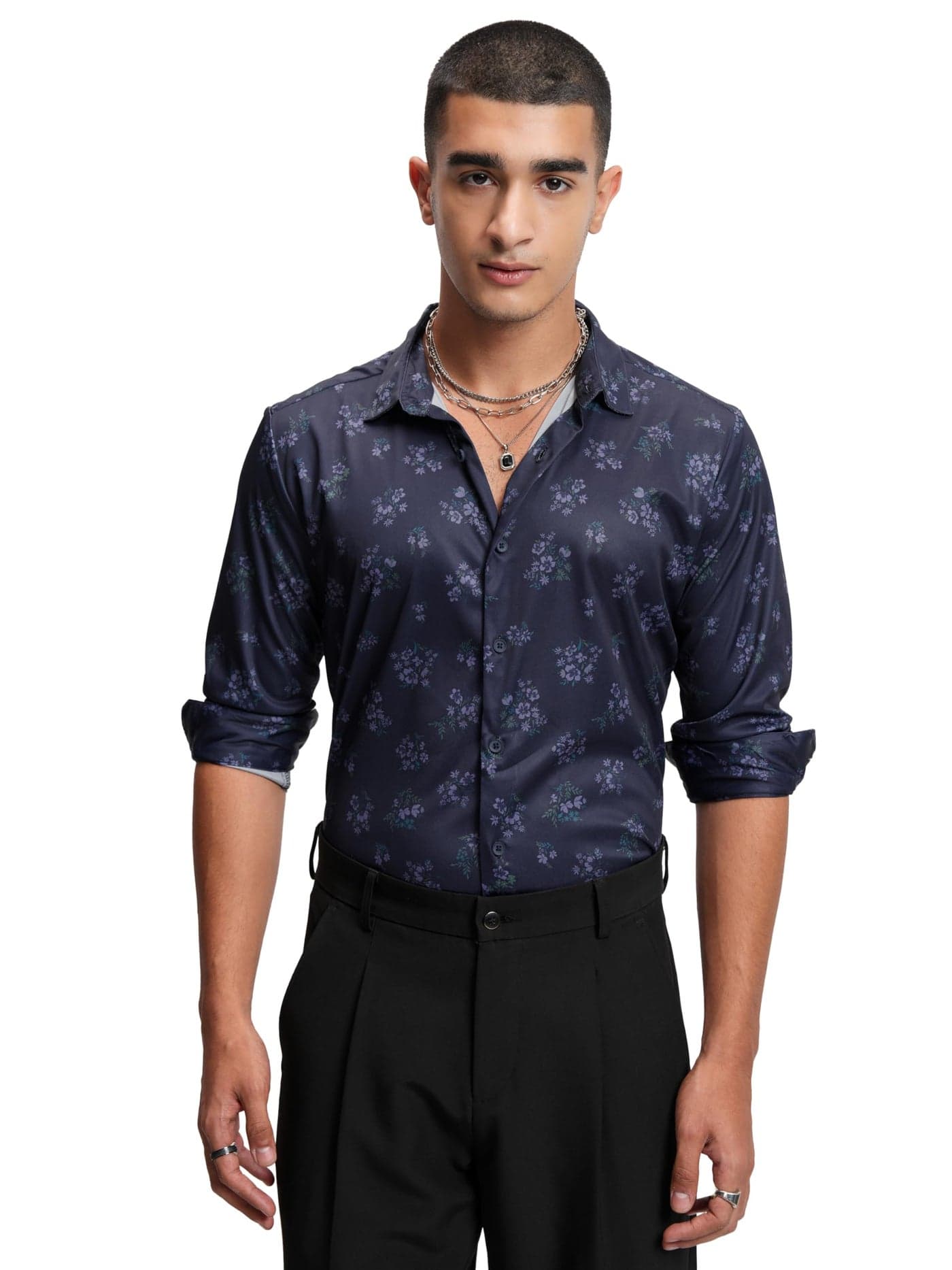 Highlander Men's Printed Slim Fit Shirt (HLSH013973_Navy 38)