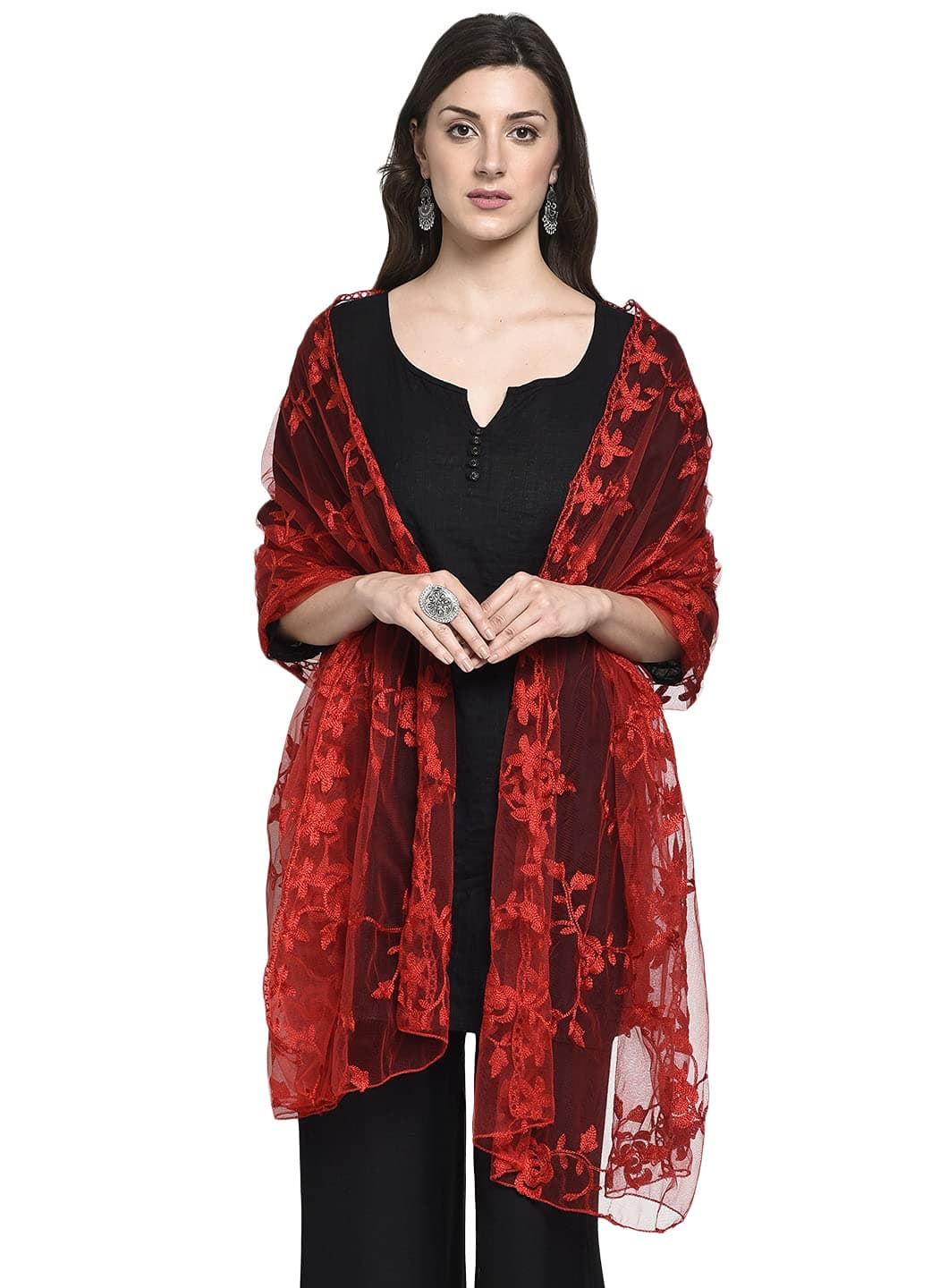 HARI MADHAV DESIGN Women's Nylon Net Embroidered Dupatta (Red), 2.20 Mtrs