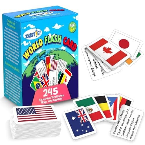 Zastic World Flags Flashcards 245 Country Flags Capitals Languages Continents Gloss Laminated Kids Geography Flash Cards