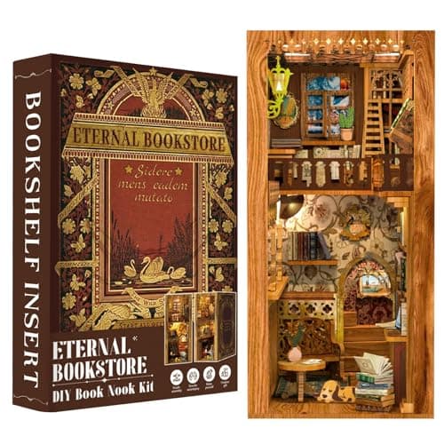Fsolis Book Nook Kit DIY Miniature House Kit 3D Wooden Puzzles for Adults 172 Pieces Booknook Craft Diorama Bookshelf Insert and Bookends Gifts for Women Book LoversEternal Bookstore