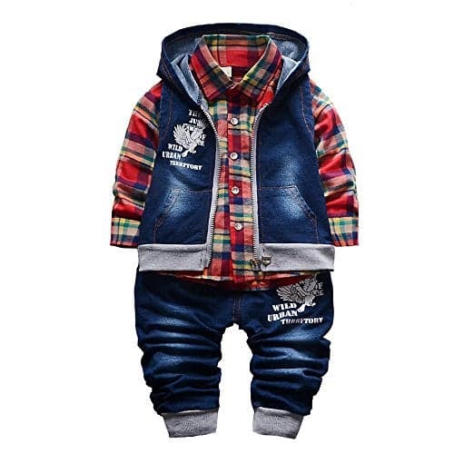 Yao 9M-5T Spring Autumn Baby Boys 3pcs Clothing Set Cotton Shirt Jeans Denim Vest(9-12months,Red)