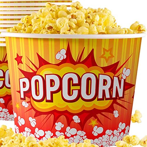 Greaseproof Retro 85oz Popcorn Buckets 50 Pack Reusable and Durable Pop Corn Tubs in Red Yellow Large Disposable Containers Perfect For Movie Night Theme Party Theater Carnivals Fundraisers