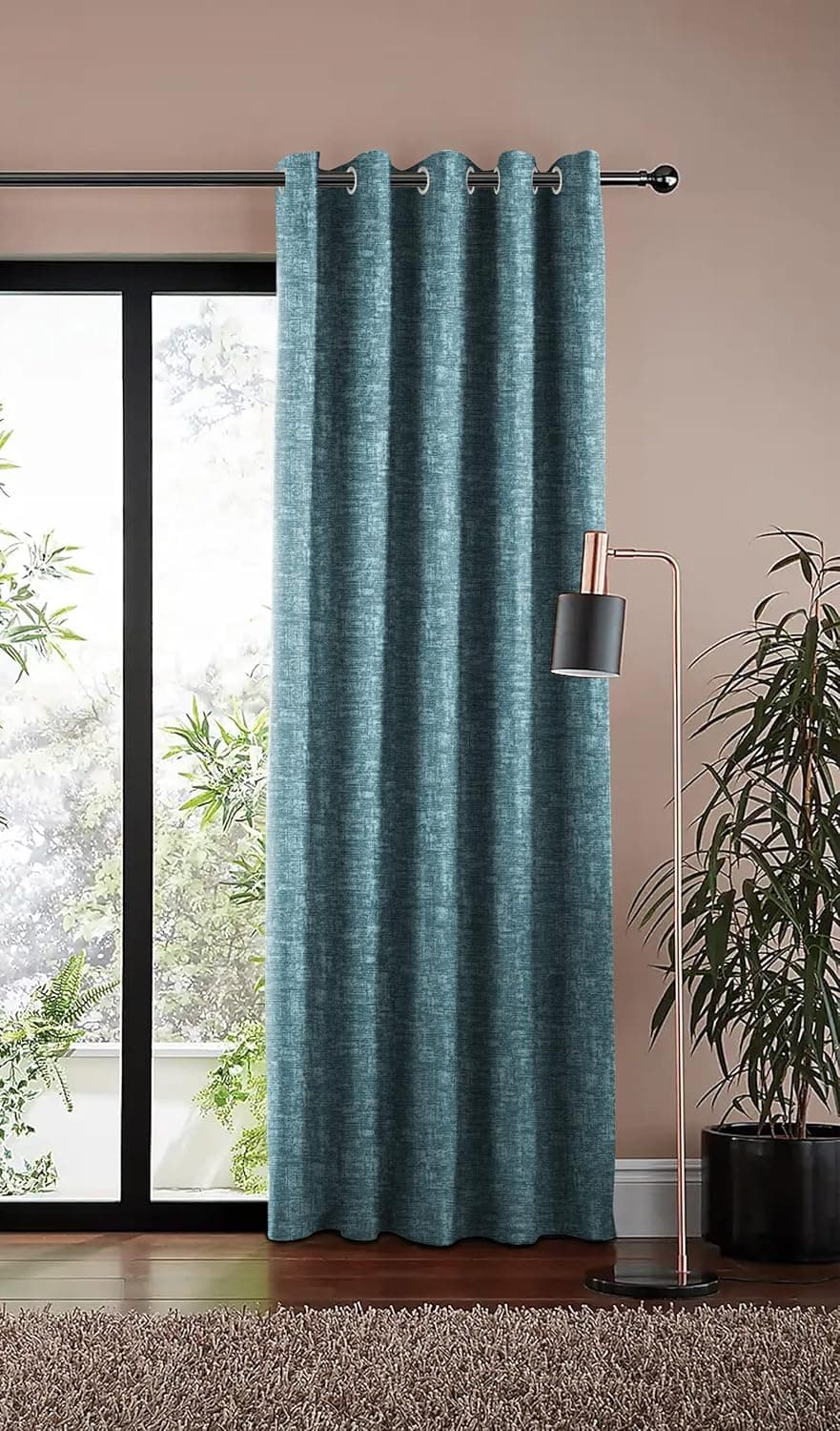 NEFERTITI HOME Lasa 1 Piece Polyester Eyelets Steel Blackout Curtains with Tie Back Bedroom Living Room Teal 7 Ft x 42 Ft