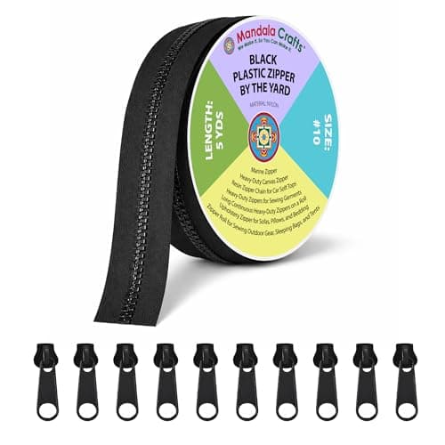 Mandala Crafts 10 Black Plastic Zippers by the Yard 5 Yards Long Continuous Heavy Duty Zippers on a Roll with 10 Pull Sliders for Sewing Upholstery Canvas Bags Marine Tents