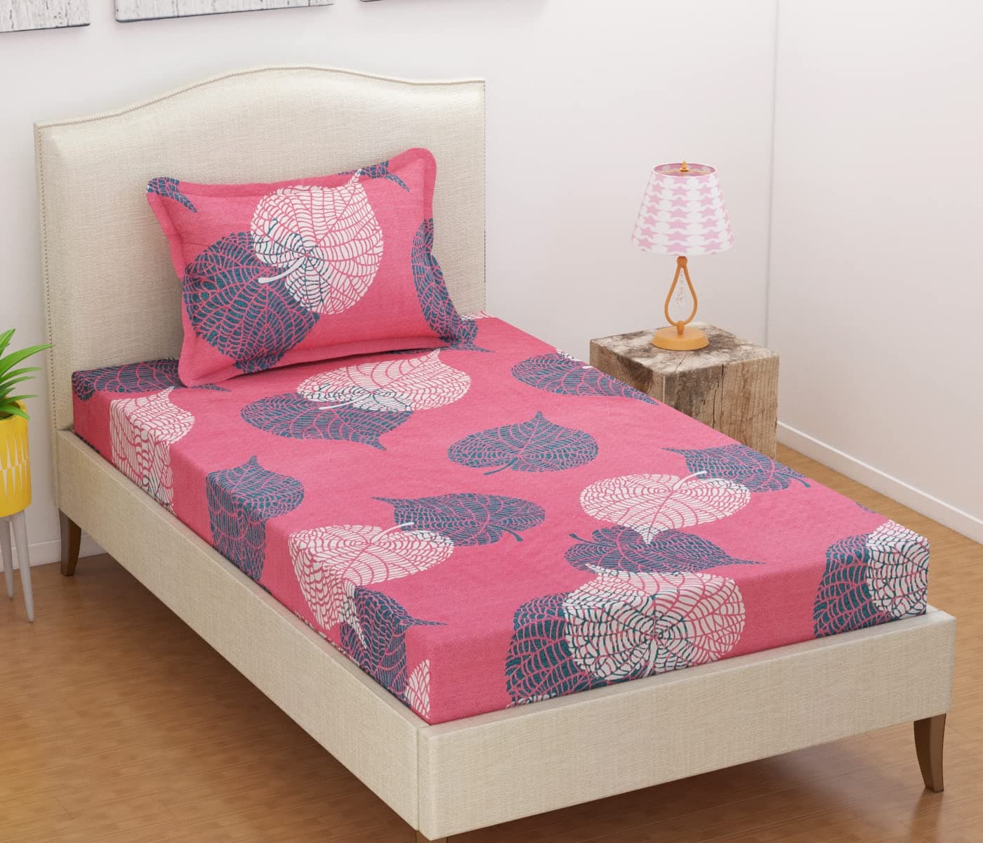 BSB HOME® 3D Printed 180 Tc Microfiber Bedsheet for Single Bed (90X60) with 1 King Size Pillow Covers (17X27) Inches Pink & Grey