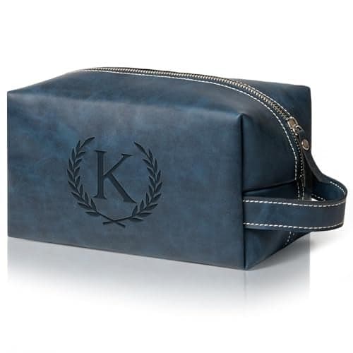 Aganmi Personalized Gifts Travel Toiletry Bag for Men Engraved Initial PU Leather Waterproof Shaving Bag for Toiletries Accessories Fathers Day Birthday Gift for Men Dad Husband Son Dark Blue K