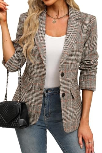 ELLEVEN Womens Casual Plaid Blazer Lapel Collar Double Button Long Sleeve Boyfriend Blazer Suit Houndstooth Plaid Blazer Jacket Business Work Office Blazer Suits Brown Plaid Small