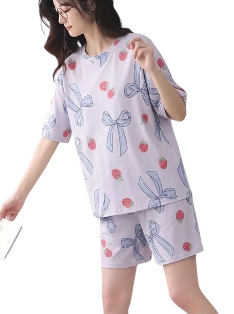 SMOWKLY Korean Night Dress || Shorts Set ||Korean Nightsuit || Women Nightwear ||Round Neck Half Sleeve Nightsuit || Loungewear || Everyday Nightdress(1669_PRL_XL Purple