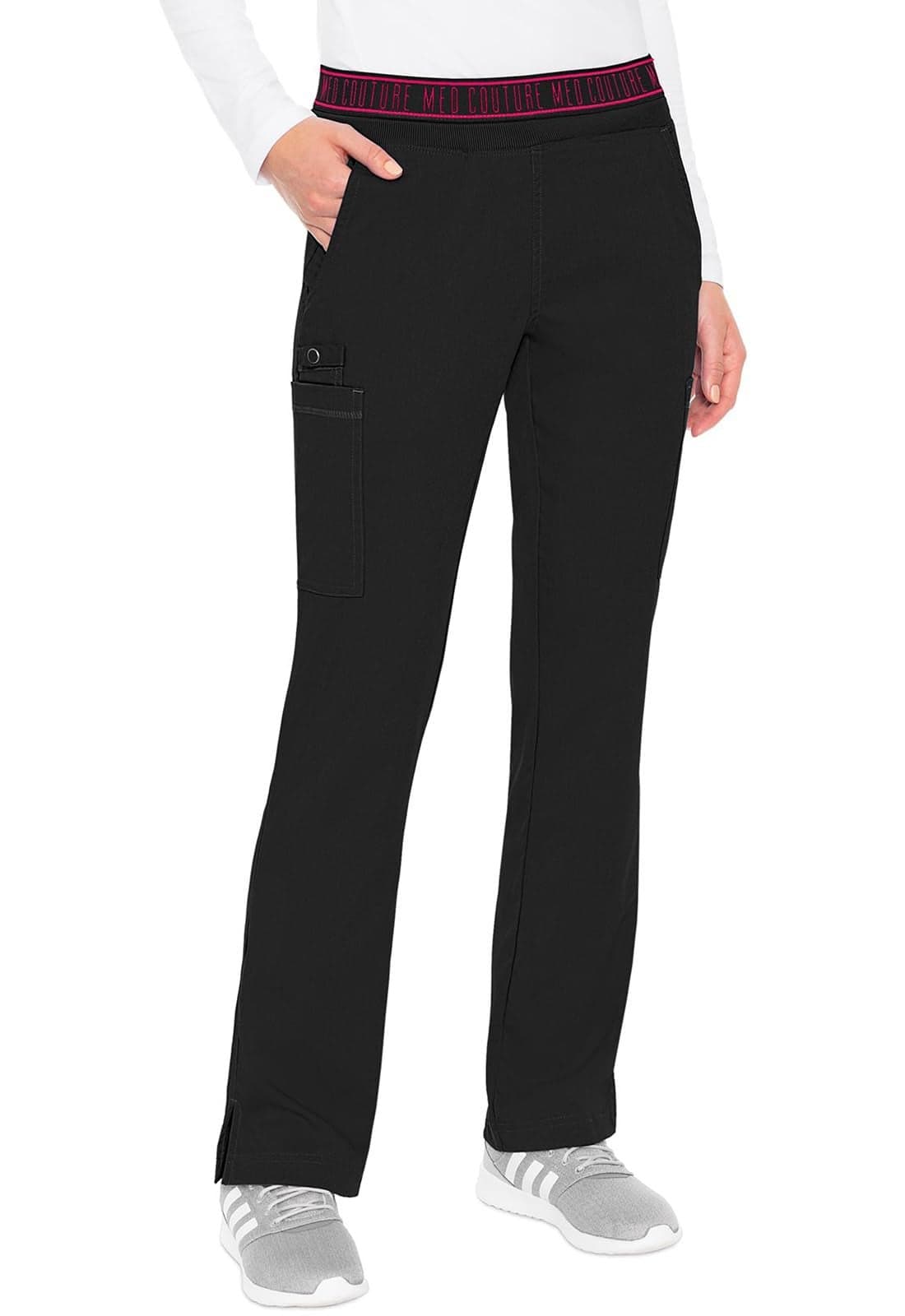 Med Couture Womens Yoga PullOn Pant with 7 Pockets UltraSoft RibKnit Waistband and 2Way Stretch Technology MC7739P S Petite Black