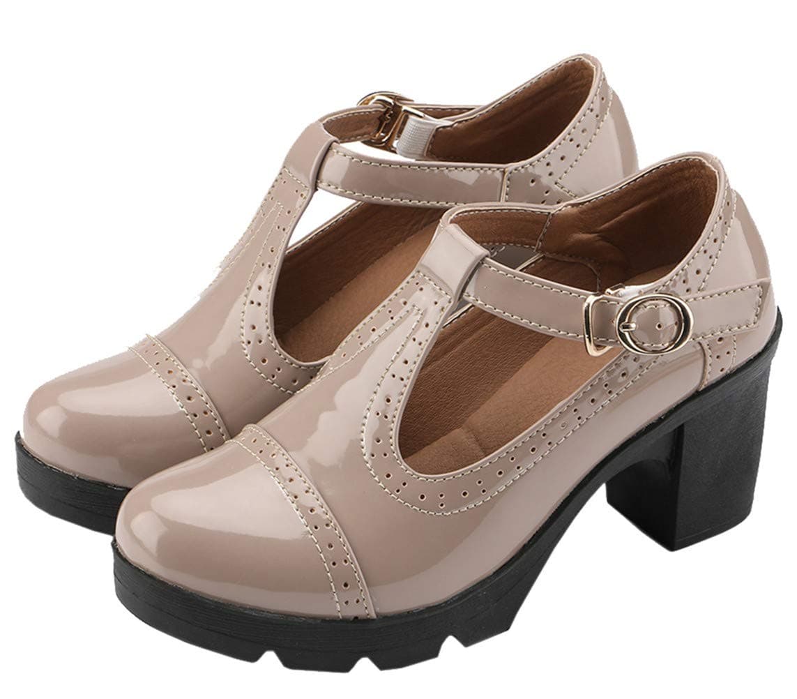 DADAWEN Women's Classic T-Strap Platform Mid-Heel Square Toe Oxfords Dress Shoes Apricot US Size 7.5