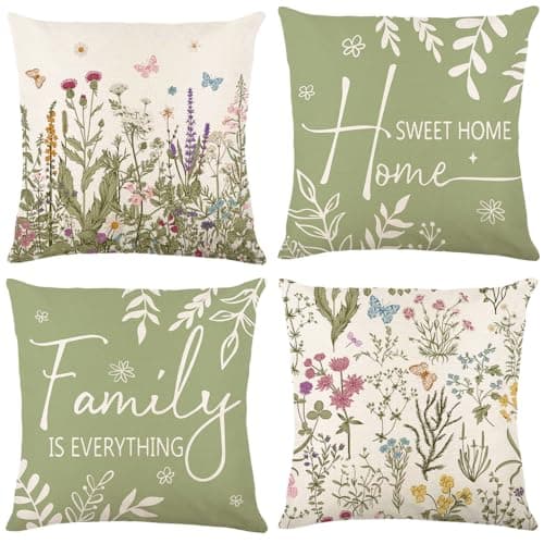 Yuubin Spring Summer Pillow Covers 18x18 Set of 4Sage Green Wild Plant Floral Throw Pillows Case Outdoor Farmhouse Couch Home Sofa Bed Linen Pillow Decorations