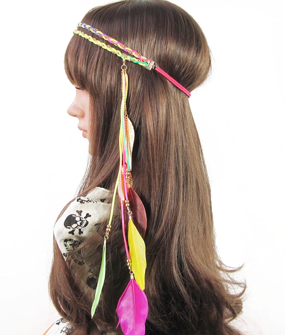 Women Lady Bohemian Double Braided Headband Tassels Hairband Headwear Hippie Feather Headband Hair Hoop Handmade Indian Fascinator Headband Headdress Hair Bands Hair Accessories MultiColour