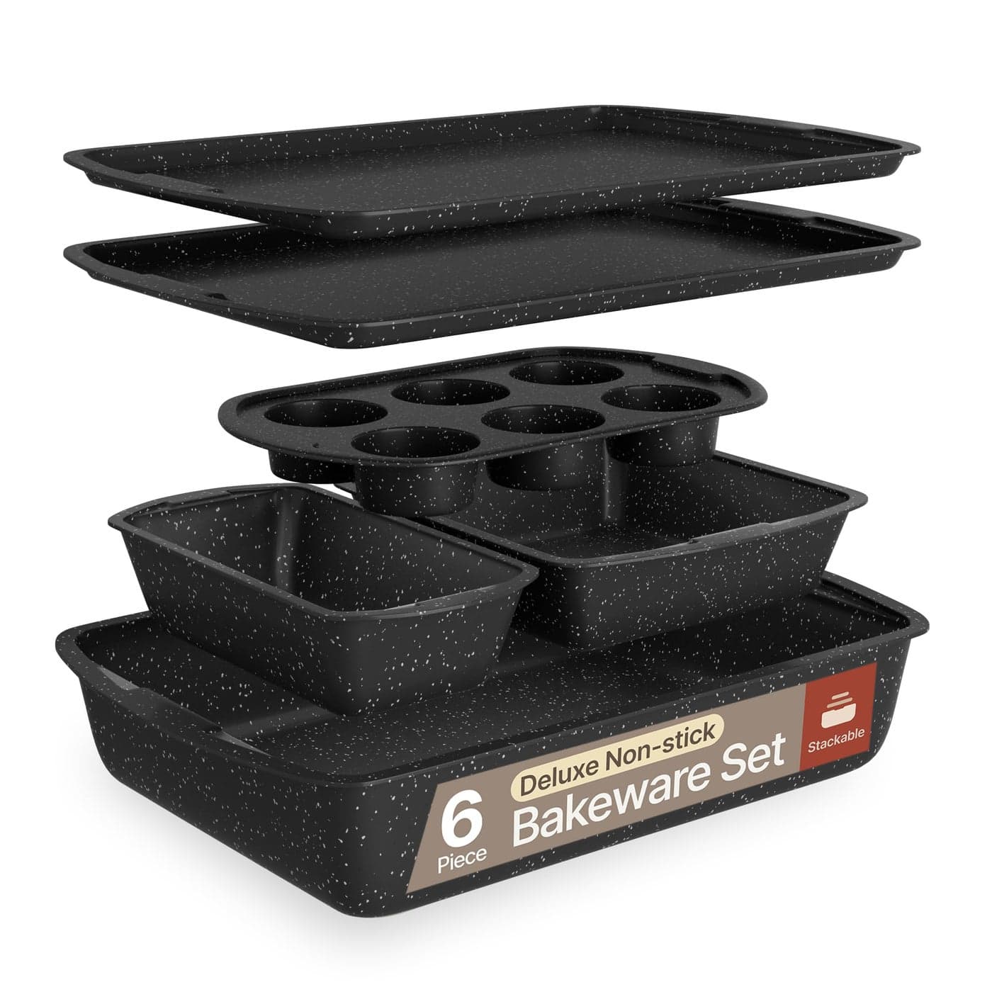 Bakken Swiss Bakeware Set 6 Piece Stackable Deluxe NonStick Baking Pans for Professional and Home Cooking Carbon Steel Gray Stone Coating