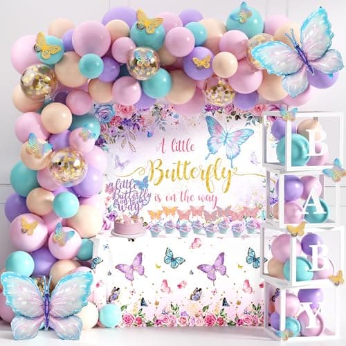 TREWAVE Butterfly Baby Shower Decorations for Girls A Little Butterfly Is On The Way Party Backdrop Butterfly Cake Toppers Stickers Pink Purple Balloons Baby Boxes for Girl Birthday Baby Shower Decor
