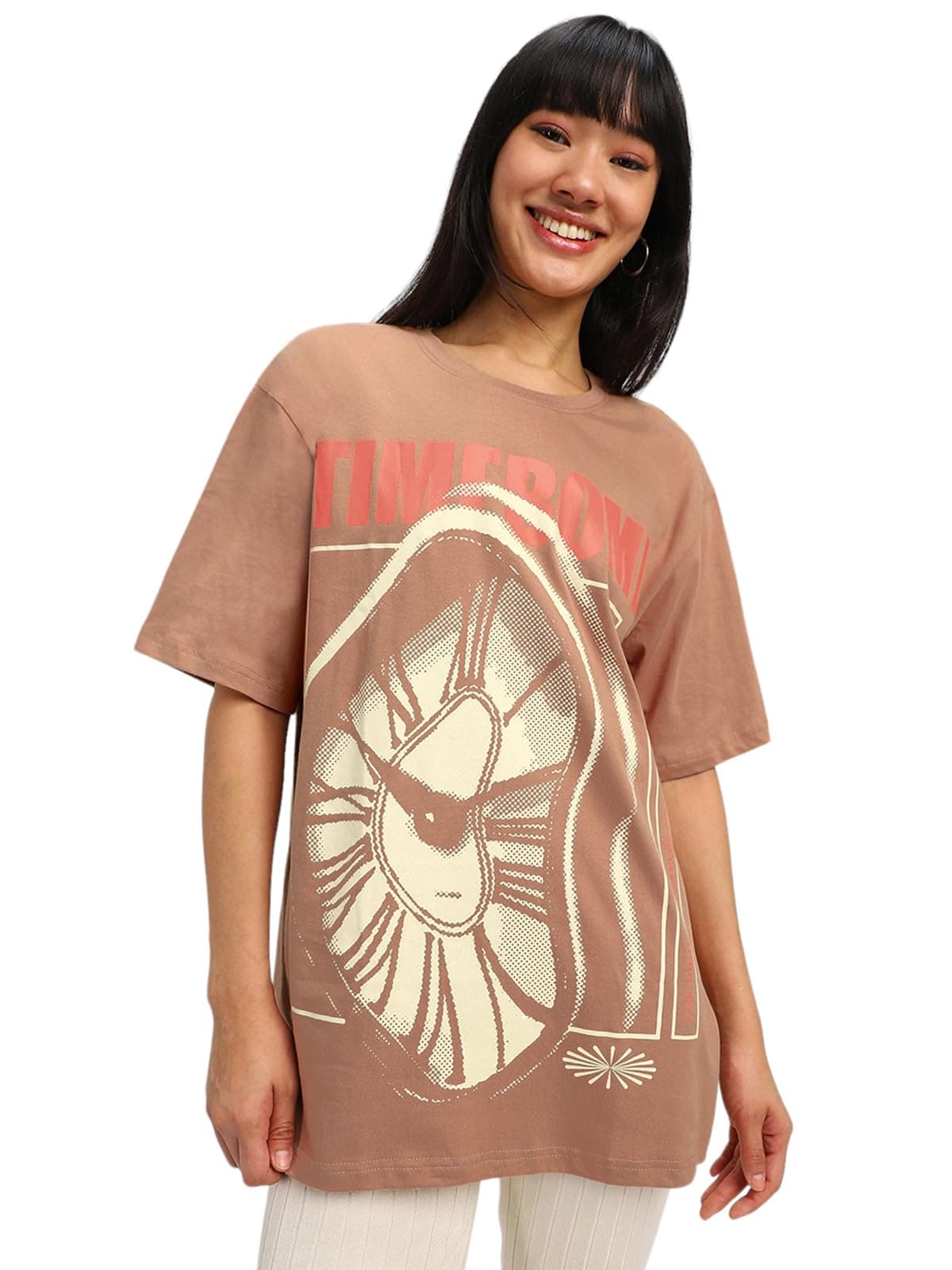 JUNEBERRY® Pure Cotton Half Sleeve Round Neck Oversized Fit Graphic Print Cork T-Shirt for Women/Girls (OS_J_TMBOMB_CR_XL) (Available in from S to 2XL)