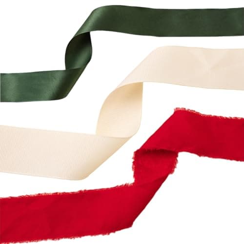 Christmas Gift Wrapping Ribbon Set 3 Rolls 60 Yards Total Red Frayed Velvet Green Satin Cream Grosgrain Holiday Ribbons by Merry Market Bundle 5