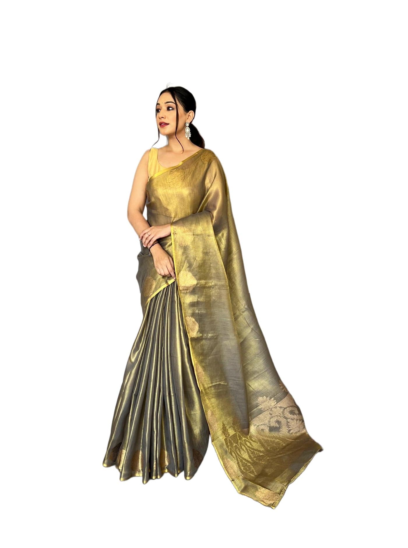 Panzora Women's Tissue Silk Jacquard Weaving Grey Saree With Unstitched Blouse Piece