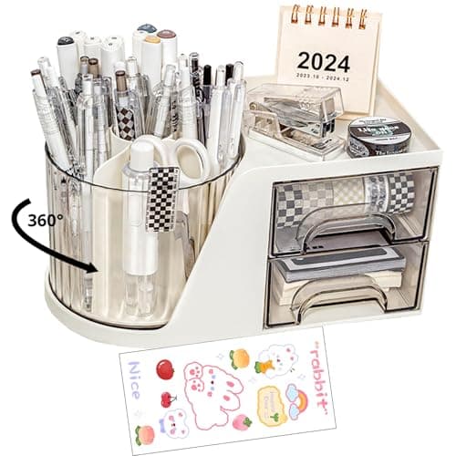 Rotating Desk Organizer, Large Capacity Cosmetic Display Case with Drawer, 360-Degree Rotating Pen Holder, Art Supply Storage Box Caddy for Office and Home