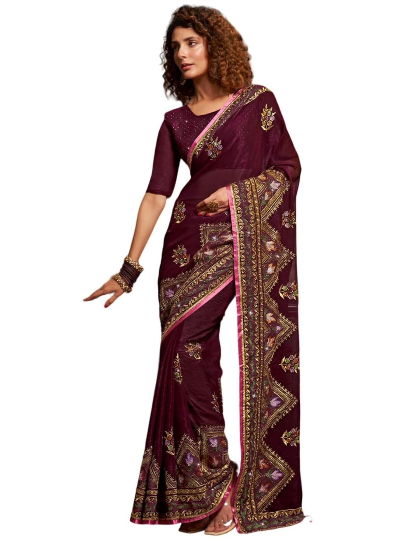 ORHANS Women's Pure Chiffon Thread Embroidered Work Traditional Saree | Art Silk Matching Unstitched Blouse Piece