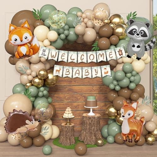 167Pcs Woodland Animals Baby Shower Decorations Woodland Balloon Garland Arch Kit with Welcome Baby Banner Sage Green Brown Neutral Forest Animal Foil Balloons for Forest Safari Jungle Party Supplies