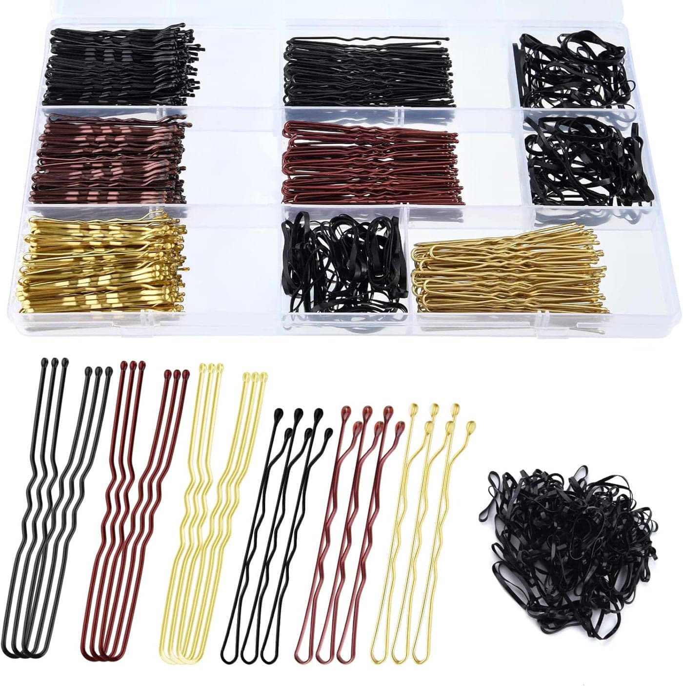 MIAHART 400 Pcs Hair Pins Kit Black Gold Brown Bobby Pins for Hair U Hair Pins with Black Elastic Hair Bands for Women Girls Kids Salon Hairdressing