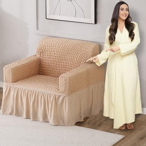 HOKIPO 280 GSM Elastic Stretchable Bubble Frill Sofa Cover 1 Seater, Beige (NEW-4602-B1)
