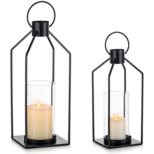 Nuptio Decorative Lantern Candle Holder 2 Pcs Glass Hurricane Pillar Candles Holders Rustic Black Metal Hanging Lanterns Decor for Outdoor Wedding Farmhouse Home Fireplace Christmas Halloween