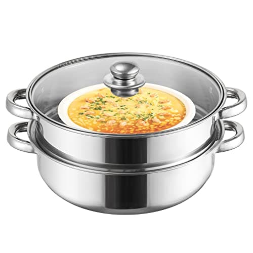 ZENFUN Steamer Pot With Lid 2 Tier, Multipurpose Stainless Steel Steaming Pot, Steam Pots With Handle For Vegetable, Dumpling, Food, 11 Inch(Thickened)