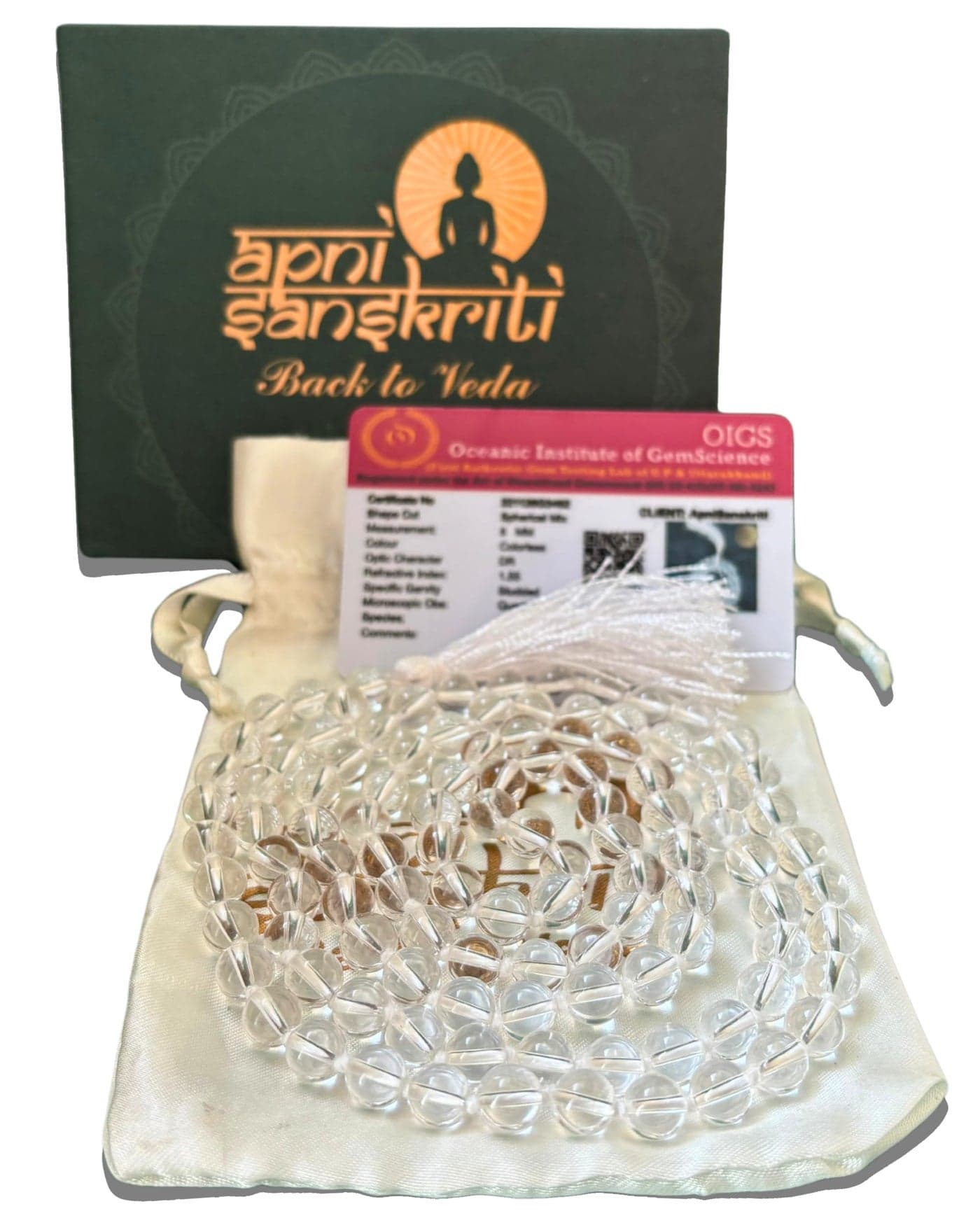 Apnisanskriti 8mm Sphatik Mala with Tussle (108+1 Beads) | Natural & Lab Certified | Spadigam Malai | Crystal Jaap Mala for Pooja and Wearing (27 inch)