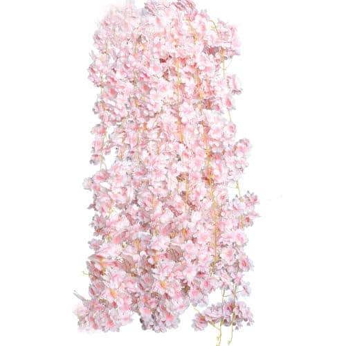 4pcs 23.6 ft Artificial Cherry Blossoms Garland Pink Fake Vines Hanging Silk Cherry Blossom Sakura Vine for Outdoor Wedding Party Home Decor