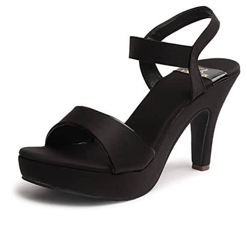 XE Looks Women's Platform Pencil High Heels | Stylish Ankle Strap Open-Toe Sandals for Girls | Cushioned Anti-Skid Sole | Comfortable Heels for Party Casual Wear (Black)