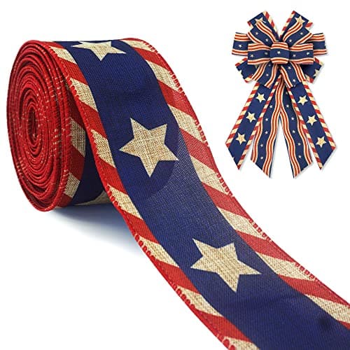 ABTOLS Patriotic Wired Edge Ribbons 25 10 Yards 4th of July White Red Blue Stripe Ribbons Patriotic Star Wrapping Ribbon American Linen Ribbon for 4th of July Party Wrapping DIY Craft Decoration